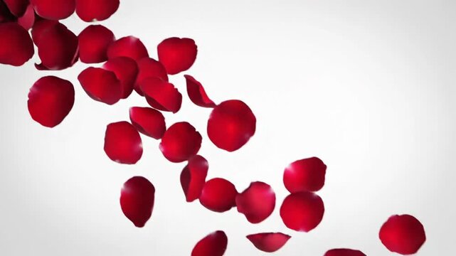 Falling red rose petals floating on white background
