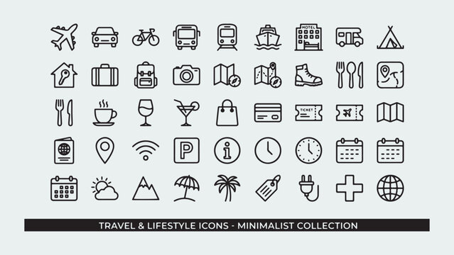 Set of travel and lifestyle icons with transportation food activities and symbols