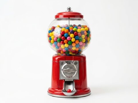 Classic red gumball machine filled with colorful candy on white background.