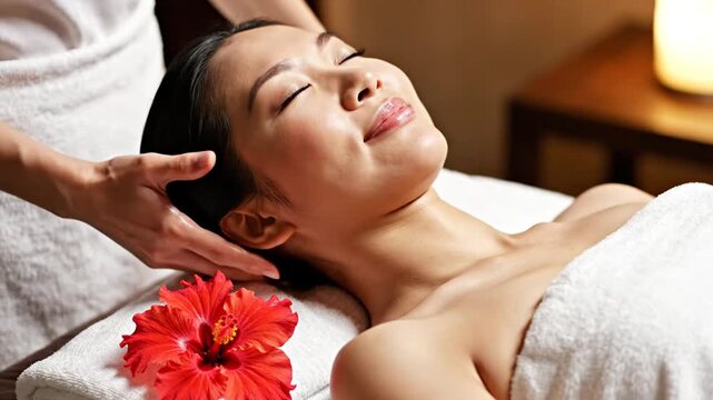 Young Asian woman receiving a relaxing head massage at spa