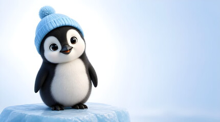 Obraz premium Cute cartoon baby penguin wearing a festive Christmas hat standing on cold Antarctica snow and ice illustration