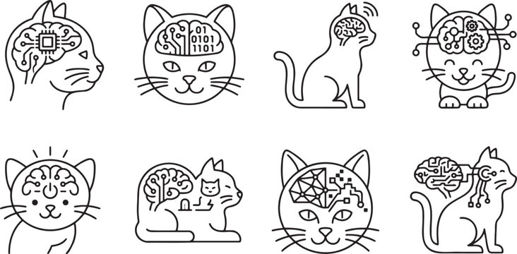 Artificial intelligence concept with cat brain technology icons set