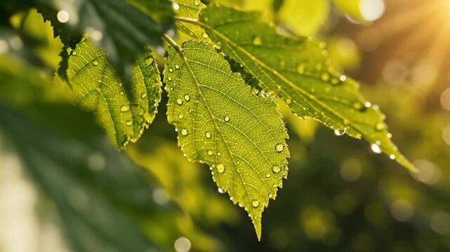 Green leaves with water droplets in golden morning sunlight