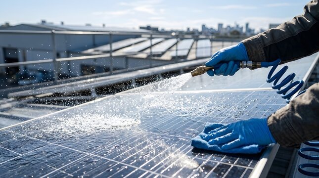 Professional solar panel cleaning service using a water hose to remove dust and dirt, ensuring maximum solar energy absorption and long-term durability of the system