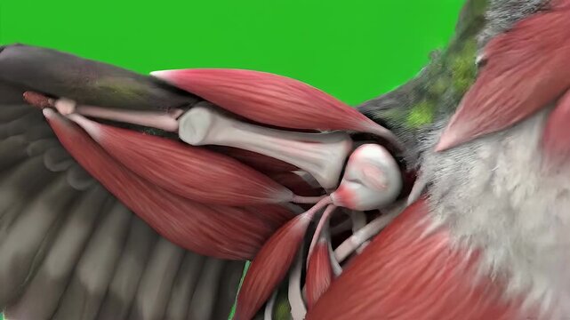 Bird Wing Muscular Anatomy Mid-Flap - A detailed 3D video showcases the intricate muscular and skeletal anatomy of a bird's wing captured during a mid-flap motion.