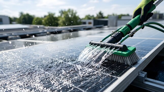 High-pressure water cleaning process of photovoltaic solar panels on a rooftop, focusing on eco-friendly maintenance to optimize green energy production and power output