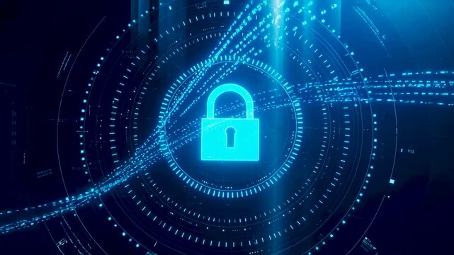 Digital lock icon representing data security and network protection in a futuristic technological abstract background