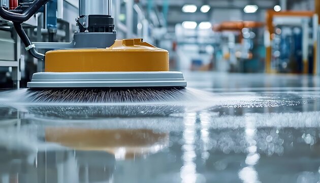 Floor scrubber machine polishing concrete floor in industrial building.