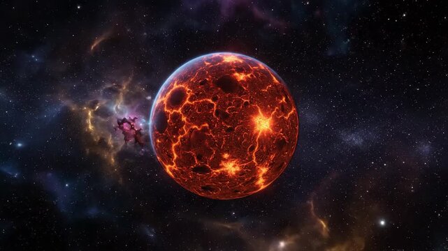 A vibrant cosmic landscape showcasing a fiery planet and nebula