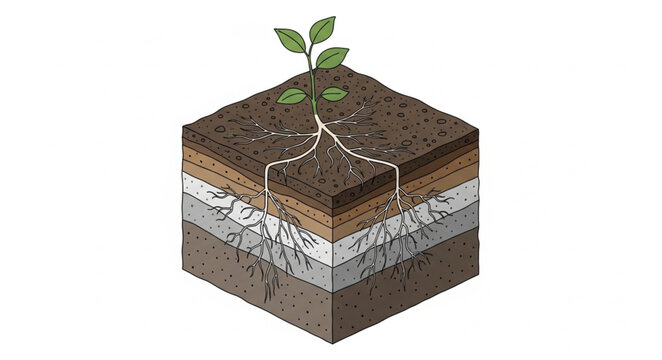 Cross section of soil showing plant roots and layers.