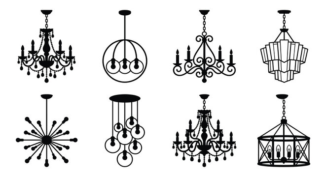 Collection of chandelier silhouettes on a white background silhouette