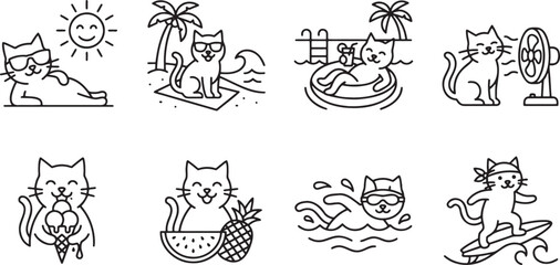 Fototapeta premium Cute cat characters enjoying summer vacation activities and beach life