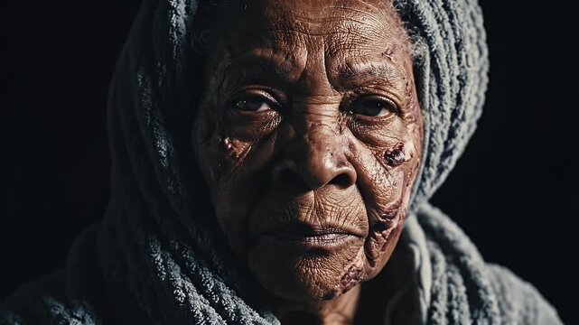 Dramatic Portrait of Elderly African American Woman with Skin Damage - A dramatic close-up portrait captures an elderly African American woman with visible skin damage on her face.