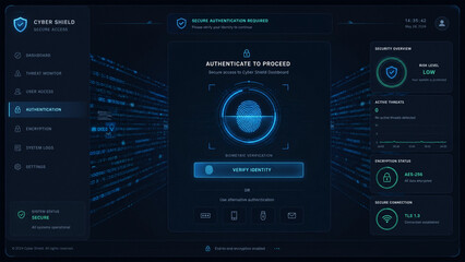 Naklejka premium Cyber security dashboard interface showing biometric authentication process and security status overview