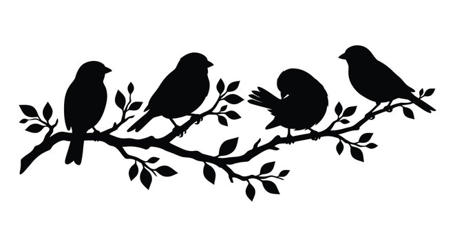 Four birds perched on a branch silhouette