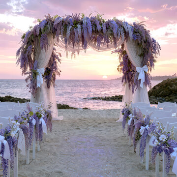 A wisteria wedding arch adorned with white tulle fabric and bows on a tropical beach with chairs