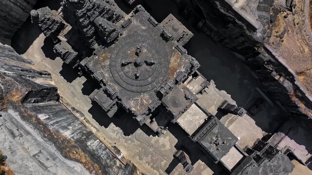 Aerial view of the Kailasa Temple at Ellora Caves in Maharashtra, India. This ancient rock-cut temple, carved from a single monolithic structure, stands as a masterpiece of Indian architecture.