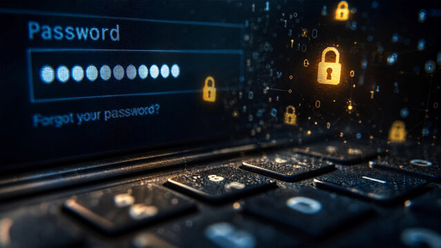 Digital security concept showing a password login screen with glowing locks and binary code elements