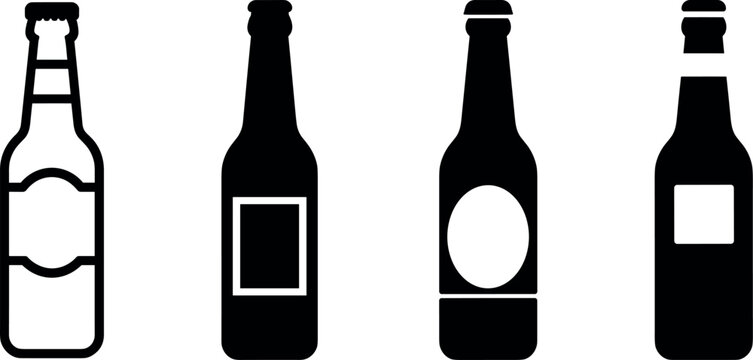 Four stylized beer bottles icon set with different labels
