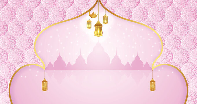 Pink ramadan lantern and mosque arch art