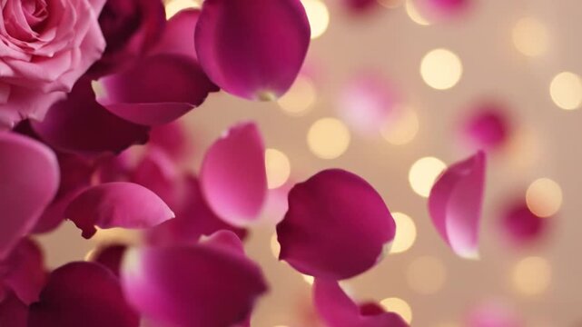 Pink rose petals falling against golden bokeh light background