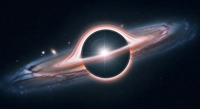 Gigantic black hole in deep space with glowing accretion disk and bright central light ray.