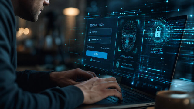 Person using a laptop with secure login facial recognition and encrypted data stream interface