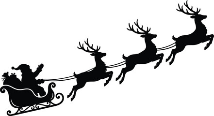 Christmas silhouette of Santa Claus in sleigh with flying reindeer and gift sack © TOMSINA