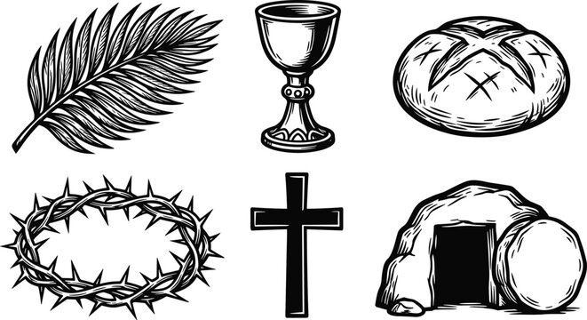 Christian Easter icon set with palm leaf, chalice, bread, crown of thorns, cross, and empty tomb