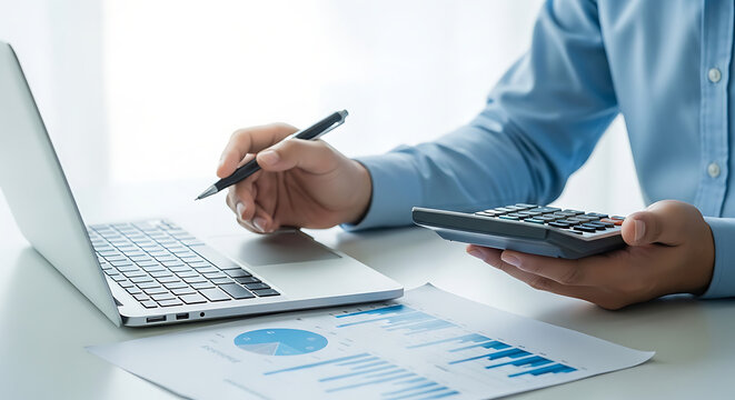 Accounting and finance professional working on a laptop with a calculator and financial reports, demonstrating financial analysis and business management