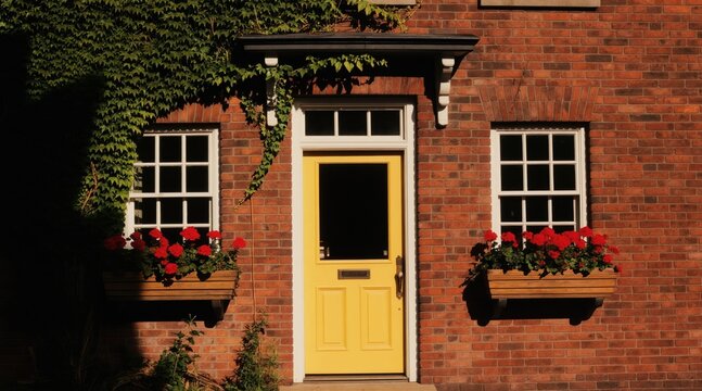 Classic red brick house with ivy growing up the walls. Features a bright yellow front door and red geraniums in window boxes. Attractive home exterior with traditional architecture.