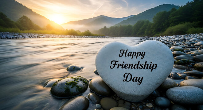 Heart shaped stone with 'happy friendship day' text by mountain stream