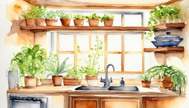 Watercolor cozy kitchen corner with open shelves and plants