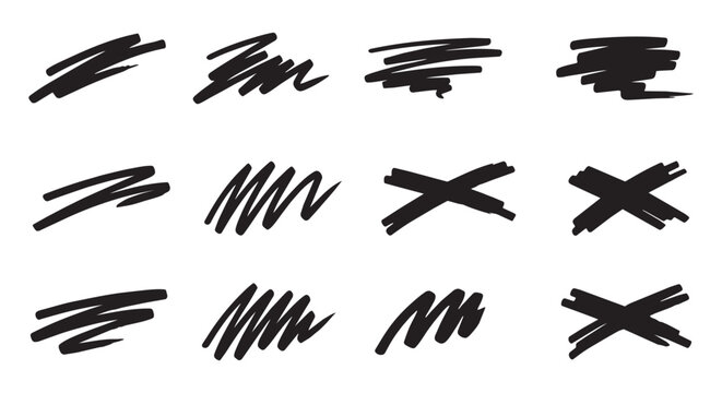 Black grunge brush stroke set. Hand drawn ink cross marks and messy marker scribbles. 