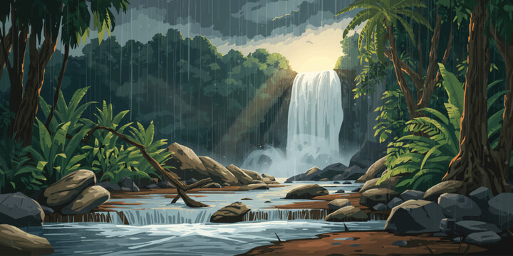 Powerful Tropical Waterfall in Dark Stormy Jungle with Light Rays &mdash; Dramatic Adventure Nature Illustration
