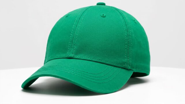 A vibrant, detailed, close-up shot of a solid green baseball cap