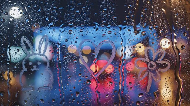 Rabbit heart and flower drawn on rainy window glass