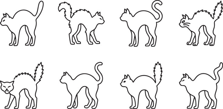 Scared and angry cat icons with arched backs and puffed tails