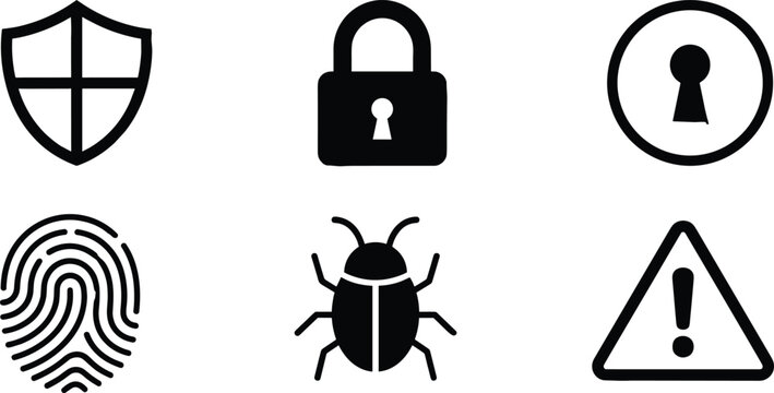 Cybersecurity icons set, data protection vector, shield padlock fingerprint bug warning design, digital security art - flat vector illustration