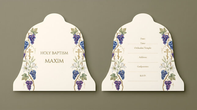 Orthodox Holy Baptism invitation mockup with bell-shaped cards. Featuring watercolor grapes, lilies, and golden crosses on an olive green background. Traditional religious stationery template.