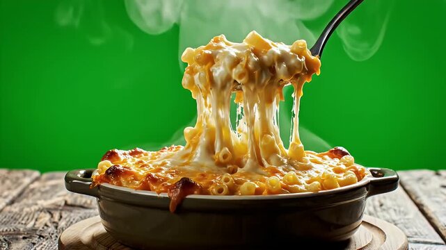 Golden Baked Macaroni and Cheese with Stretchy Molten Cheese Pull - A close-up shot features a spoonful of hot, golden baked macaroni and cheese being lifted from a rustic bowl, showcasing incredibly