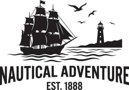 Vintage sailboat with lighthouse and seagulls nautical adventure logo