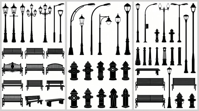 City Infrastructure Silhouette Set - Minimalist Vector Street Lamps and Traffic Signals