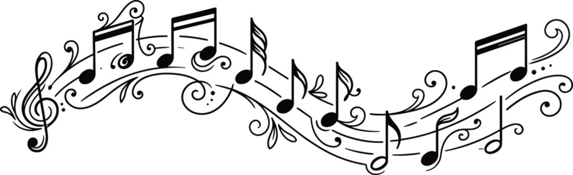 Decorative musical staff with treble clef, flowing notes vector, ornamental rhythm design, melody art, sound illustration - flat vector illustration