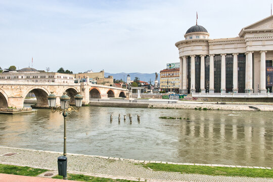 Skopje, Macedonia- March 31, 2024: Stone bridge Skopje, a bridge across the Vardar River in Skopje, the capital of the Republic of North Macedonia.