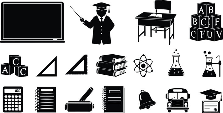 Black education classroom vector icon collection with laptop teacher desk alphabet blocks books atom calculator bus diploma bell and school silhouettes