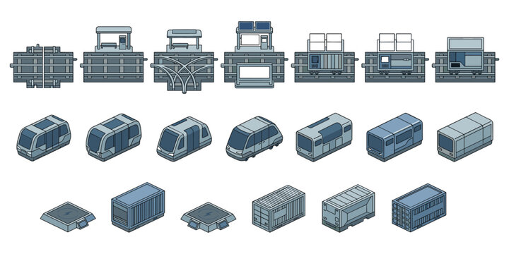 Isometric railway transport set with station and cargo for game assets vector illustration and map design