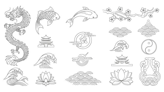 Japanese traditional elements set including dragon koi fish wave and pagoda outline vector illustration for tattoo