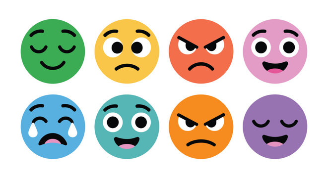Colorful emoji faces vector set, cute emoticons with different emotions and expressions for chat, social media, stickers, and communication design