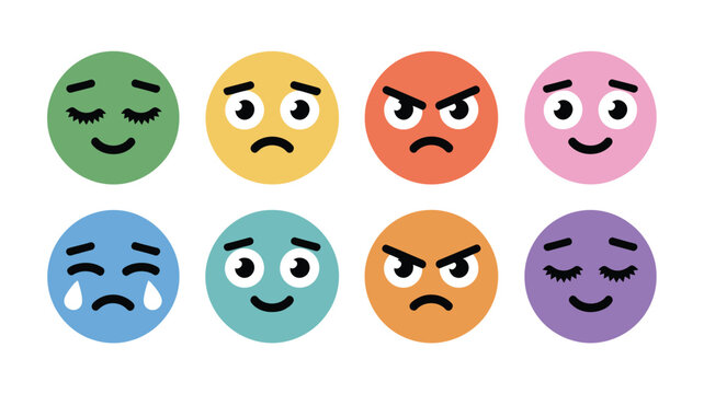 Colorful emoji faces vector set, cute emoticons with different emotions and expressions for chat, social media, stickers, and communication design
